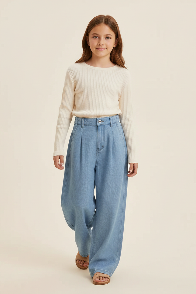 Pantalon Baggy Jean Bleu Clair Ample Plissé Confortable