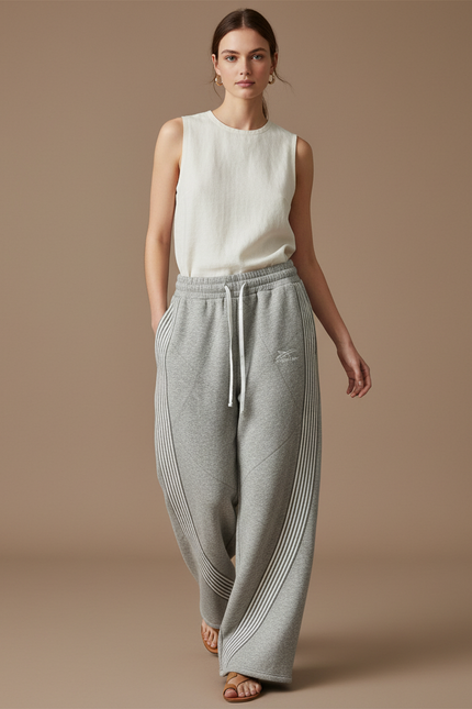 Pantalon Baggy Gris Ample Rayé Décontracté Femme - Molleton