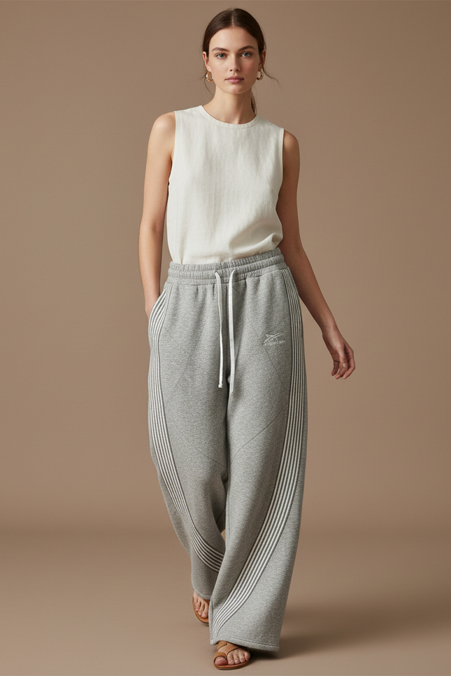 Pantalon Baggy Gris Ample Rayé Décontracté Femme - Molleton