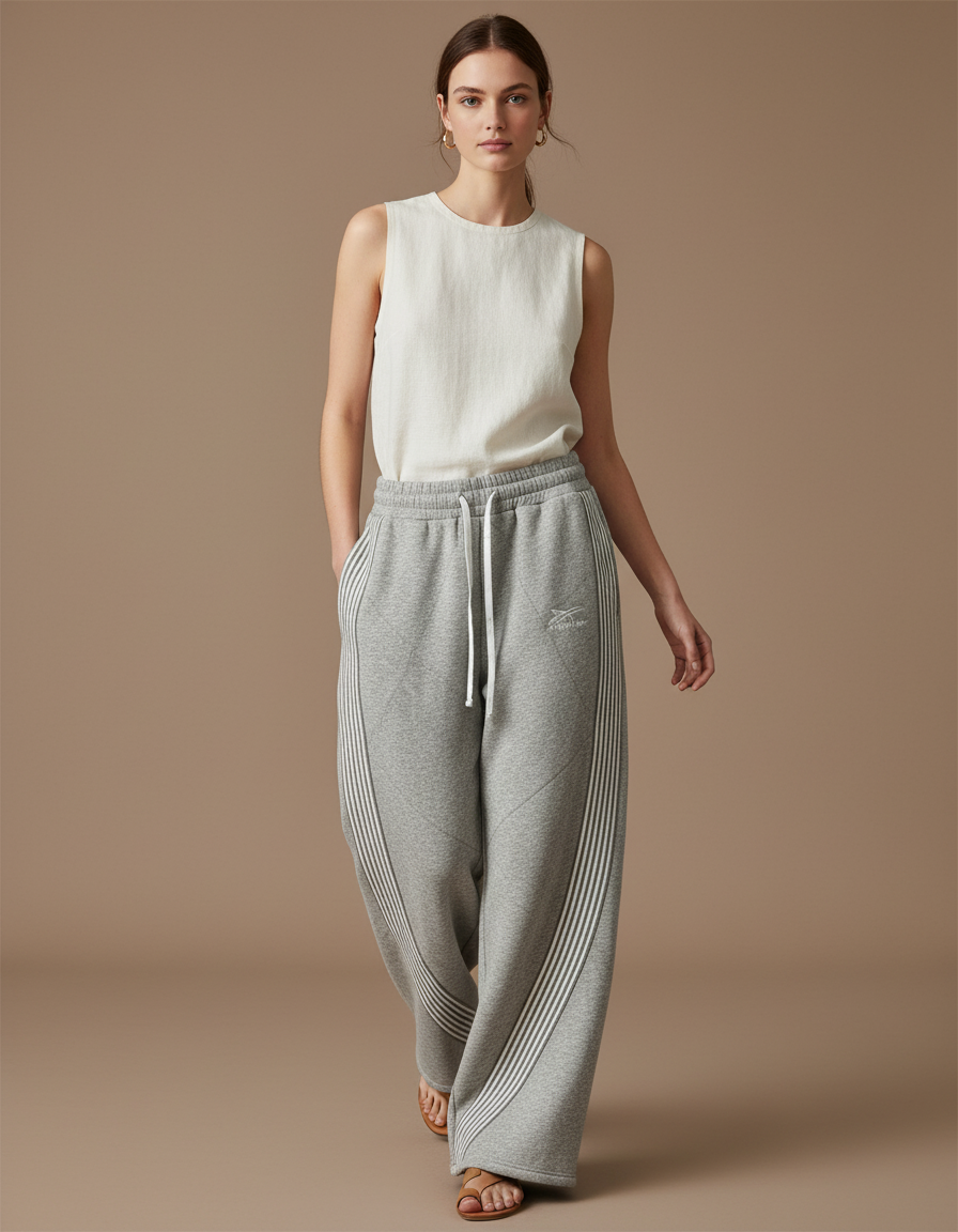Pantalon Baggy Gris Ample Rayé Décontracté Femme - Molleton