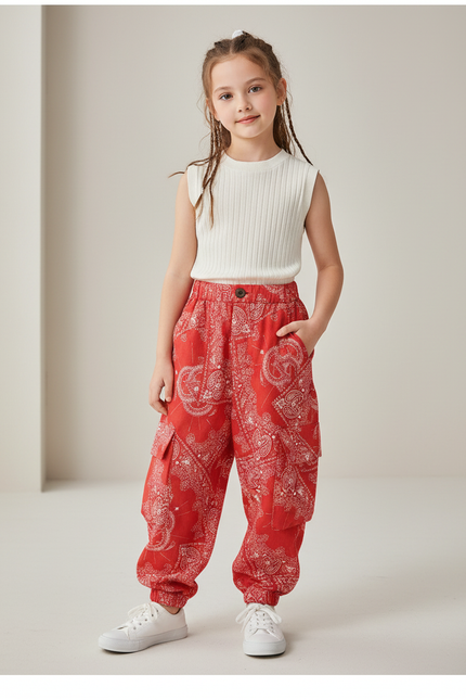 Pantalon Baggy Rouge Paisley Cargo Ample Enfant - Coton