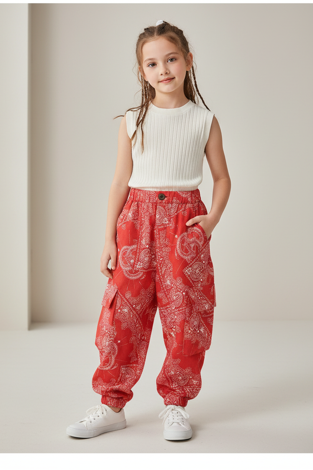 Pantalon Baggy Rouge Paisley Cargo Ample Enfant - Coton