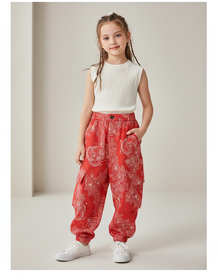 Pantalon Baggy Rouge Paisley Cargo Ample Enfant - Coton