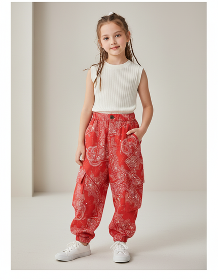 Pantalon Baggy Rouge Paisley Cargo Ample Enfant - Coton