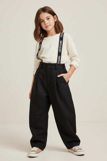 Pantalon Baggy Noir Ample Bretelles Enfant - Laine
