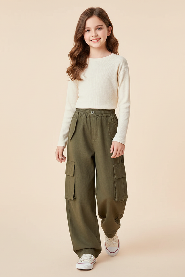 Pantalon Baggy Vert Kaki Ample Décontracté Cargo Enfant - Toile