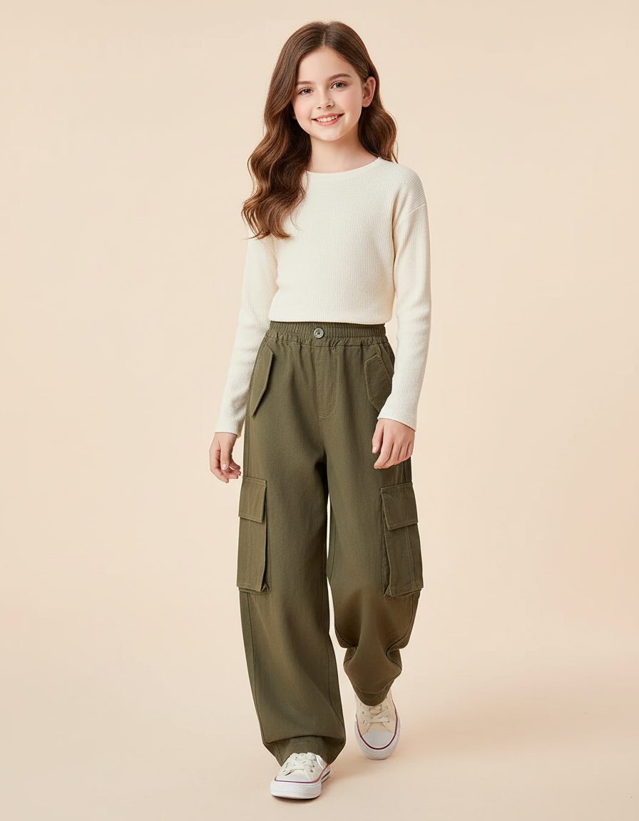 Pantalon Baggy Vert Kaki Ample Décontracté Cargo Enfant - Toile