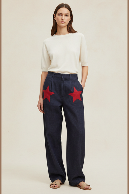Pantalon Baggy Bleu Jean Étoiles Rouges Ample Femme - Marine