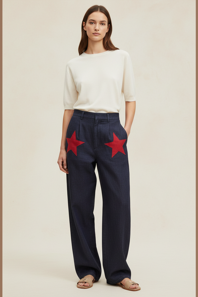 Pantalon Baggy Bleu Jean Étoiles Rouges Ample Femme - Marine