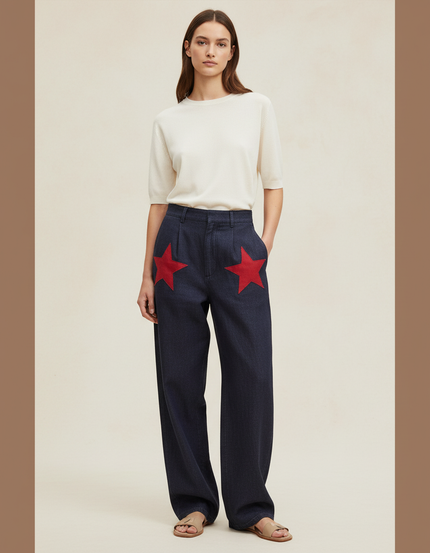 Pantalon Baggy Bleu Jean Étoiles Rouges Ample Femme - Marine