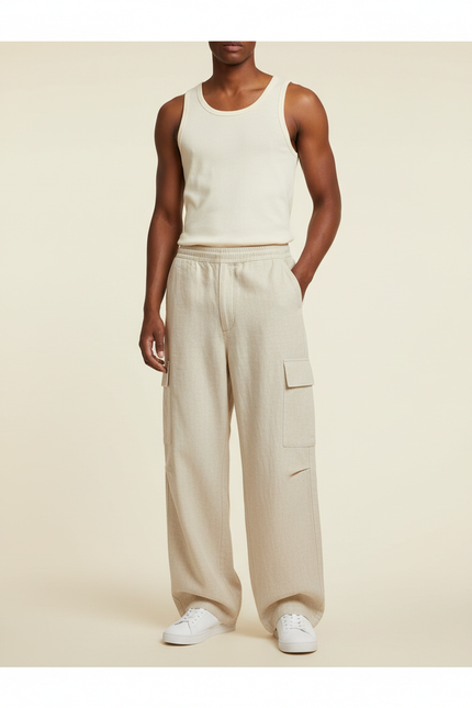 Pantalon Baggy Beige Lin Cargo Ample Décontracté Homme