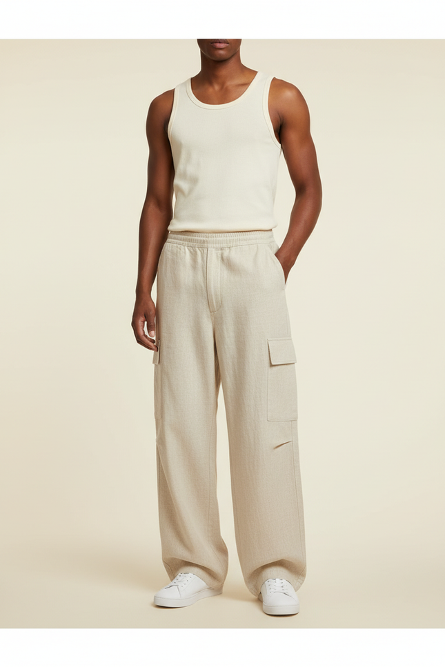 Pantalon Baggy Beige Lin Cargo Ample Décontracté Homme