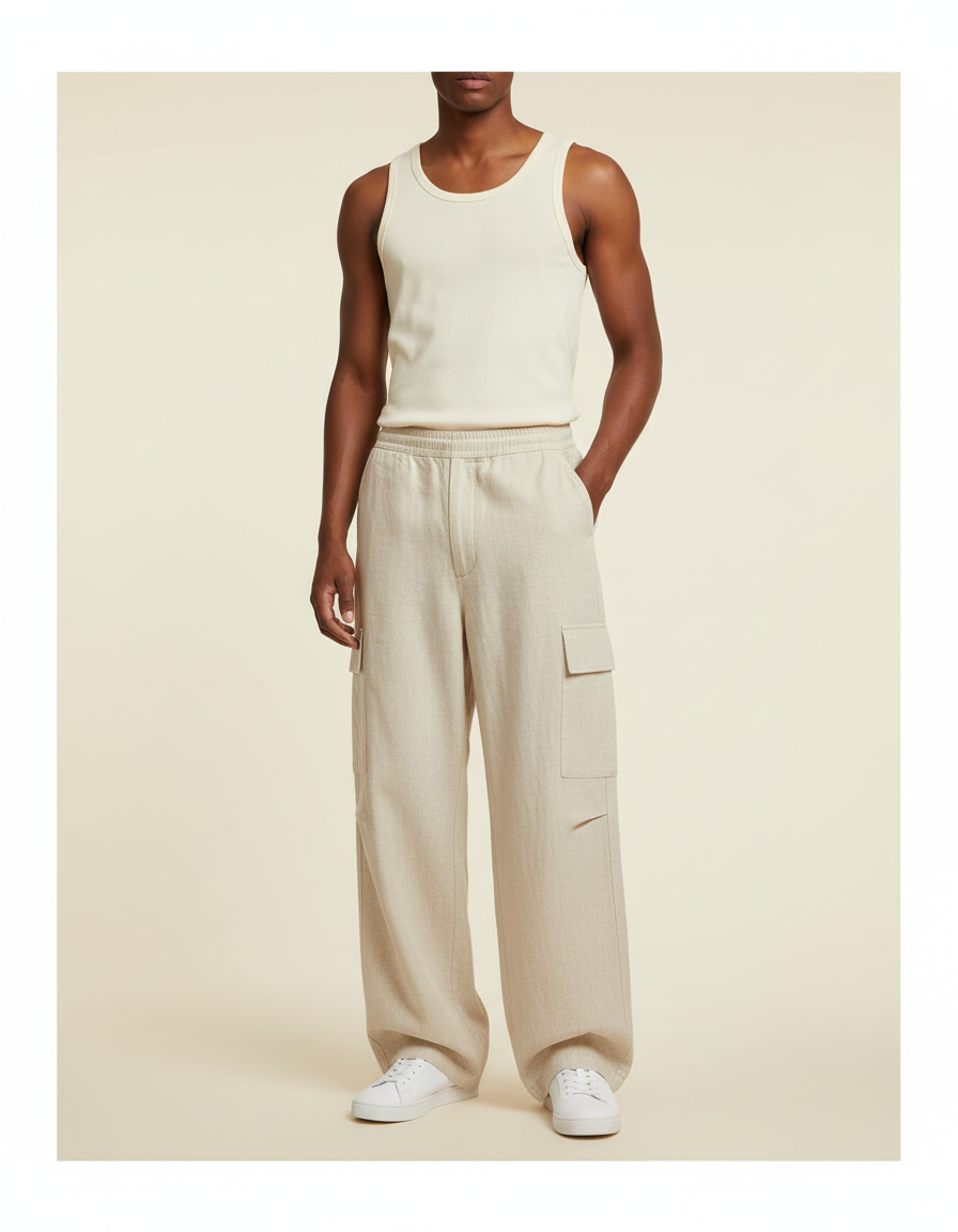 Pantalon Baggy Beige Lin Cargo Ample Décontracté Homme