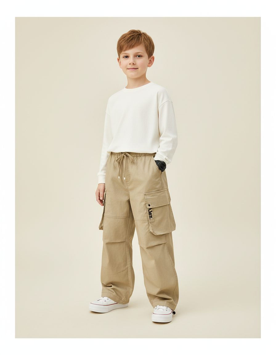 Pantalon Baggy Cargo Beige Ample Coton Garçon - Toile