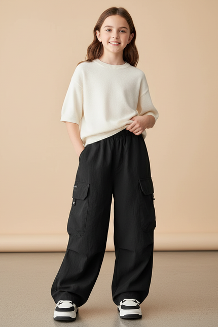 Pantalon Baggy Noir Ample Cargo Décontracté Enfant - Polyester
