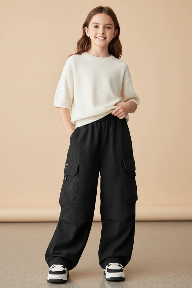 Pantalon Baggy Noir Ample Cargo Décontracté Enfant - Polyester