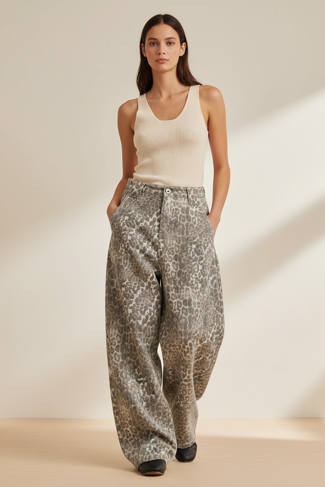 Pantalon Baggy Léopard Gris Ample Denim Femme - Jean