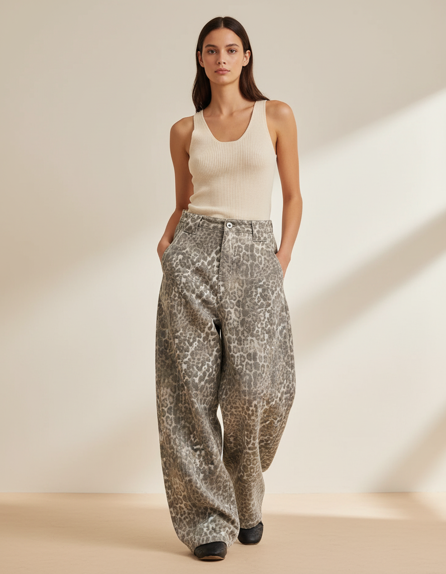 Pantalon Baggy Léopard Gris Ample Denim Femme - Jean