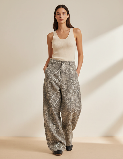 Pantalon Baggy Léopard Gris Ample Denim Femme - Jean