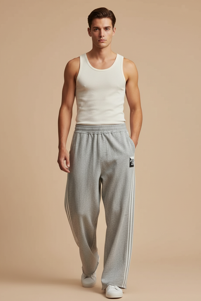 Pantalon Baggy Gris Molleton Rayures Ample Décontracté