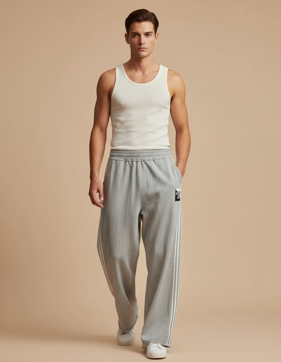 Pantalon Baggy Gris Molleton Rayures Ample Décontracté
