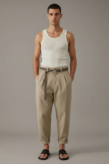 Pantalon Baggy Beige Coton Plissé Décontracté Homme
