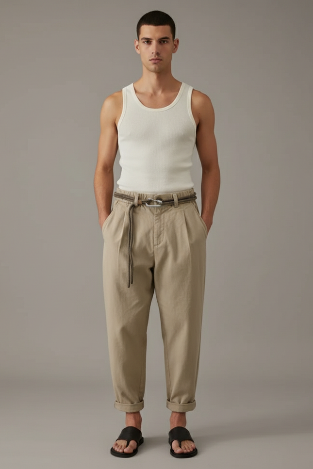 Pantalon Baggy Beige Coton Plissé Décontracté Homme