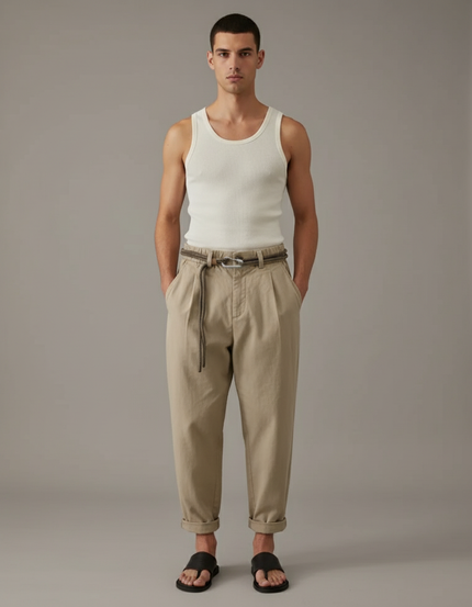 Pantalon Baggy Beige Coton Plissé Décontracté Homme