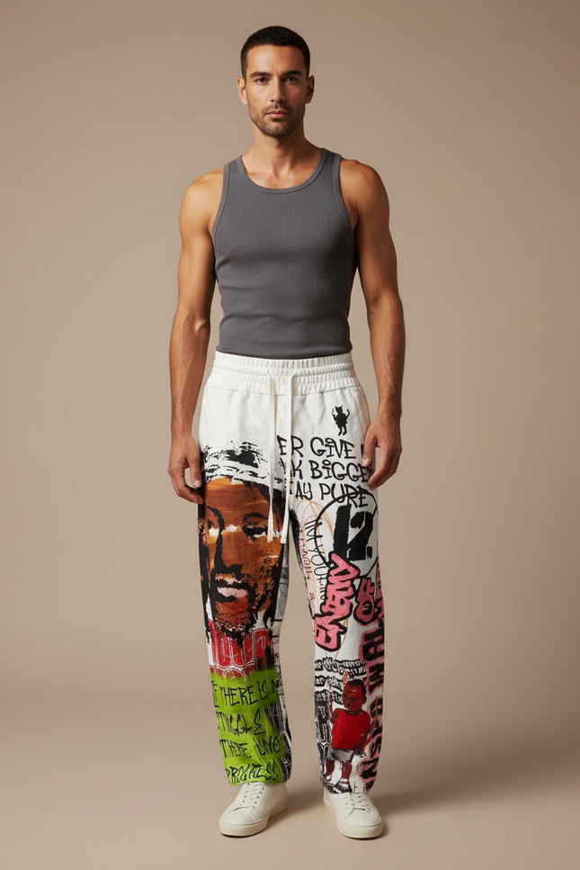 Pantalon Baggy Blanc Imprimé Graffiti Streetwear Homme - Molleton