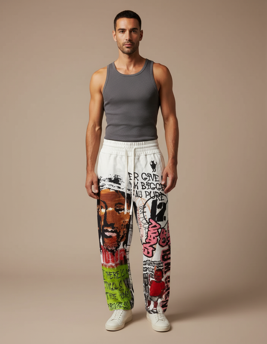Pantalon Baggy Blanc Imprimé Graffiti Streetwear Homme - Molleton