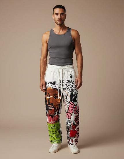 Pantalon Baggy Blanc Imprimé Graffiti Streetwear Homme - Molleton