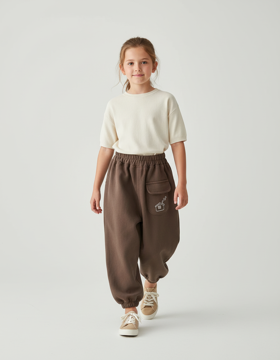 Pantalon Baggy Marron Molleton Maison Confortable Enfant