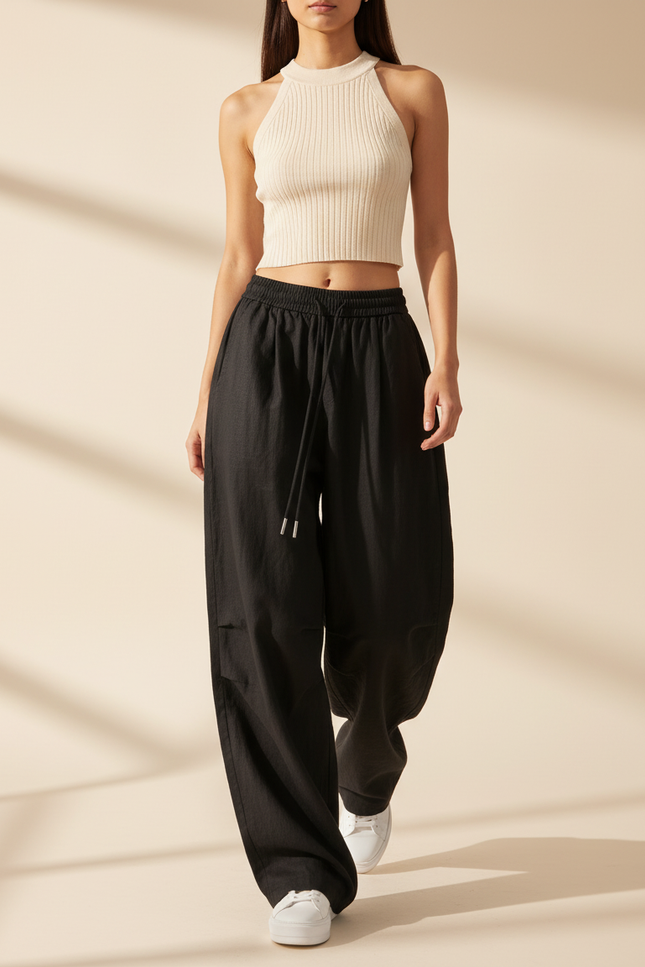 Pantalon Baggy Noir Ample Fluide Cordon Streetwear - Lin