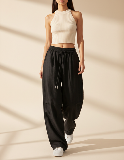Pantalon Baggy Noir Ample Fluide Cordon Streetwear - Lin