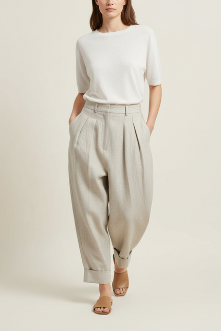 Pantalon Baggy Gris Plissé Taille Haute Élégant - Laine