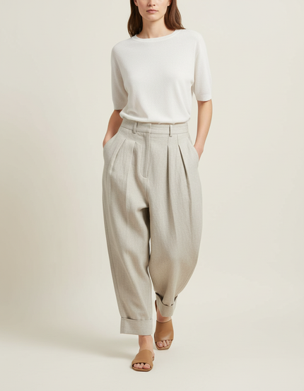 Pantalon Baggy Gris Plissé Taille Haute Élégant - Laine