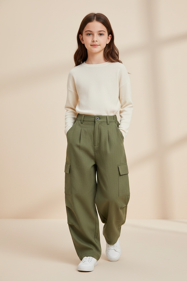Pantalon Baggy Vert Kaki Ample Cargo Fille - Gabardine