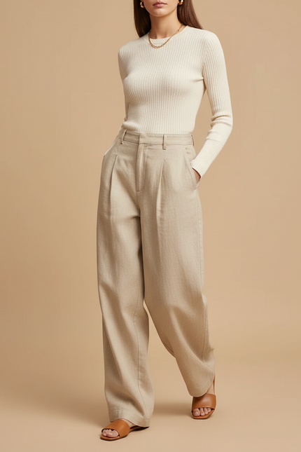 Pantalon Baggy Beige Plissé Fluide Lin Élégant