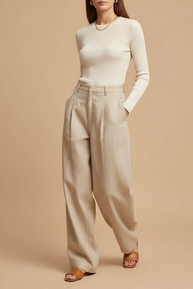 Pantalon Baggy Beige Plissé Fluide Lin Élégant