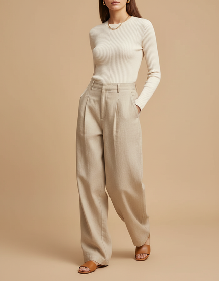 Pantalon Baggy Beige Plissé Fluide Lin Élégant