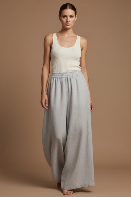 Pantalon Baggy Lin Ample Gris Clair Fluide Femme