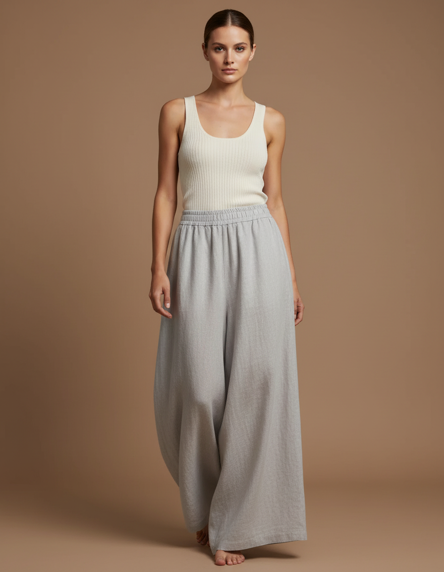 Pantalon Baggy Lin Ample Gris Clair Fluide Femme