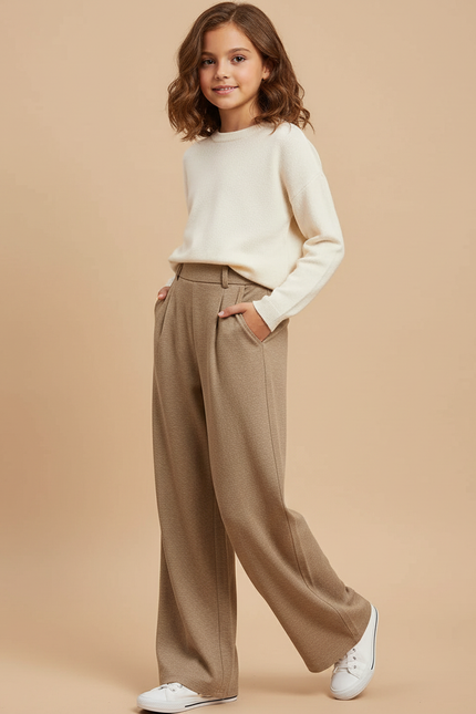 Pantalon Baggy Beige Plissé Ample Décontracté Fille - Maille