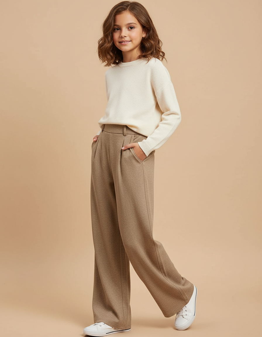 Pantalon Baggy Beige Plissé Ample Décontracté Fille - Maille