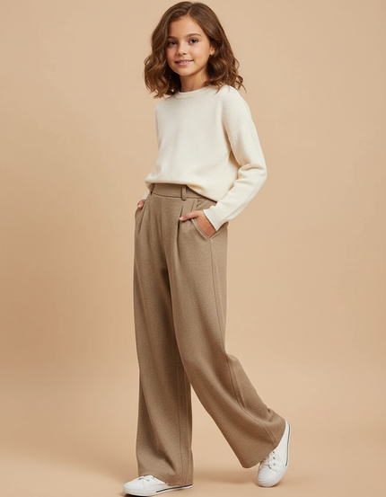 Pantalon Baggy Beige Plissé Ample Décontracté Fille - Maille