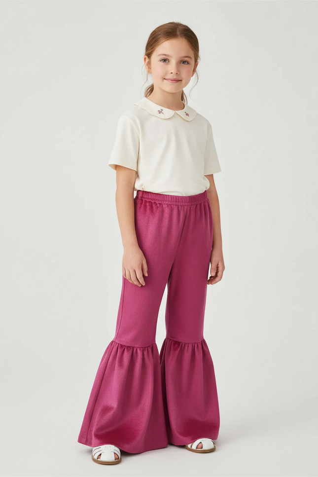Pantalon Baggy Fuchsia Velours Ample Évasé Enfant - Rose