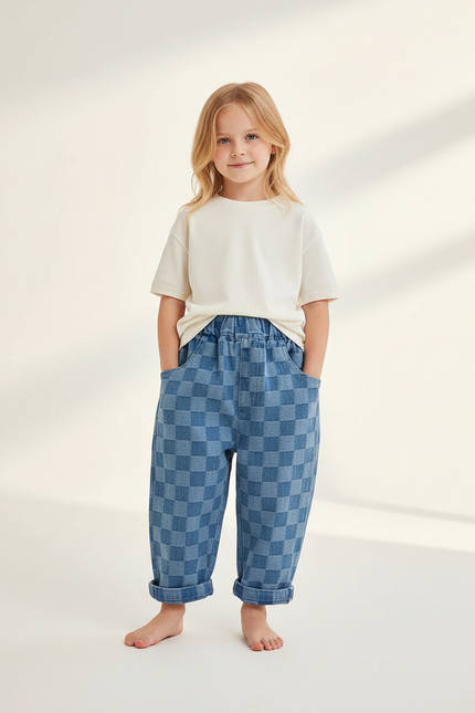 Pantalon Baggy Denim Carreaux Bleus Ample Confortable Enfant - Jean