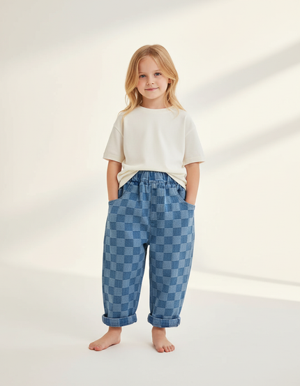 Pantalon Baggy Denim Carreaux Bleus Ample Confortable Enfant - Jean