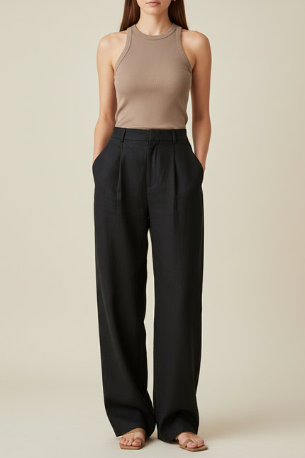 Pantalon Baggy Noir Lin Ample Plissé Décontracté