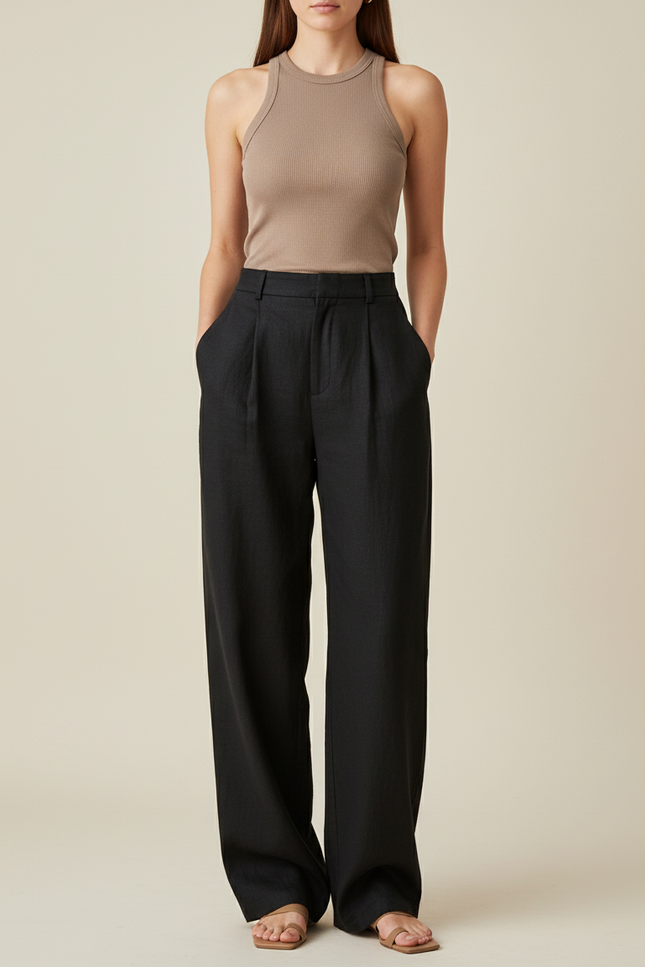 Pantalon Baggy Noir Lin Ample Plissé Décontracté